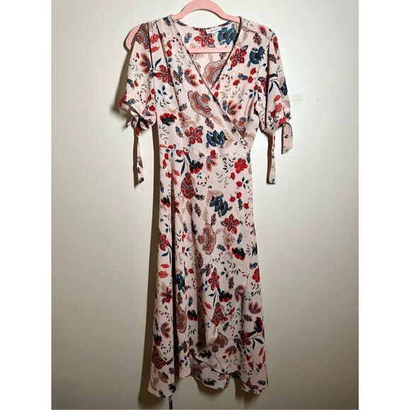 Love j Floral Beige and Red Wrap Dress Size Medium - Picture 2 of 6
